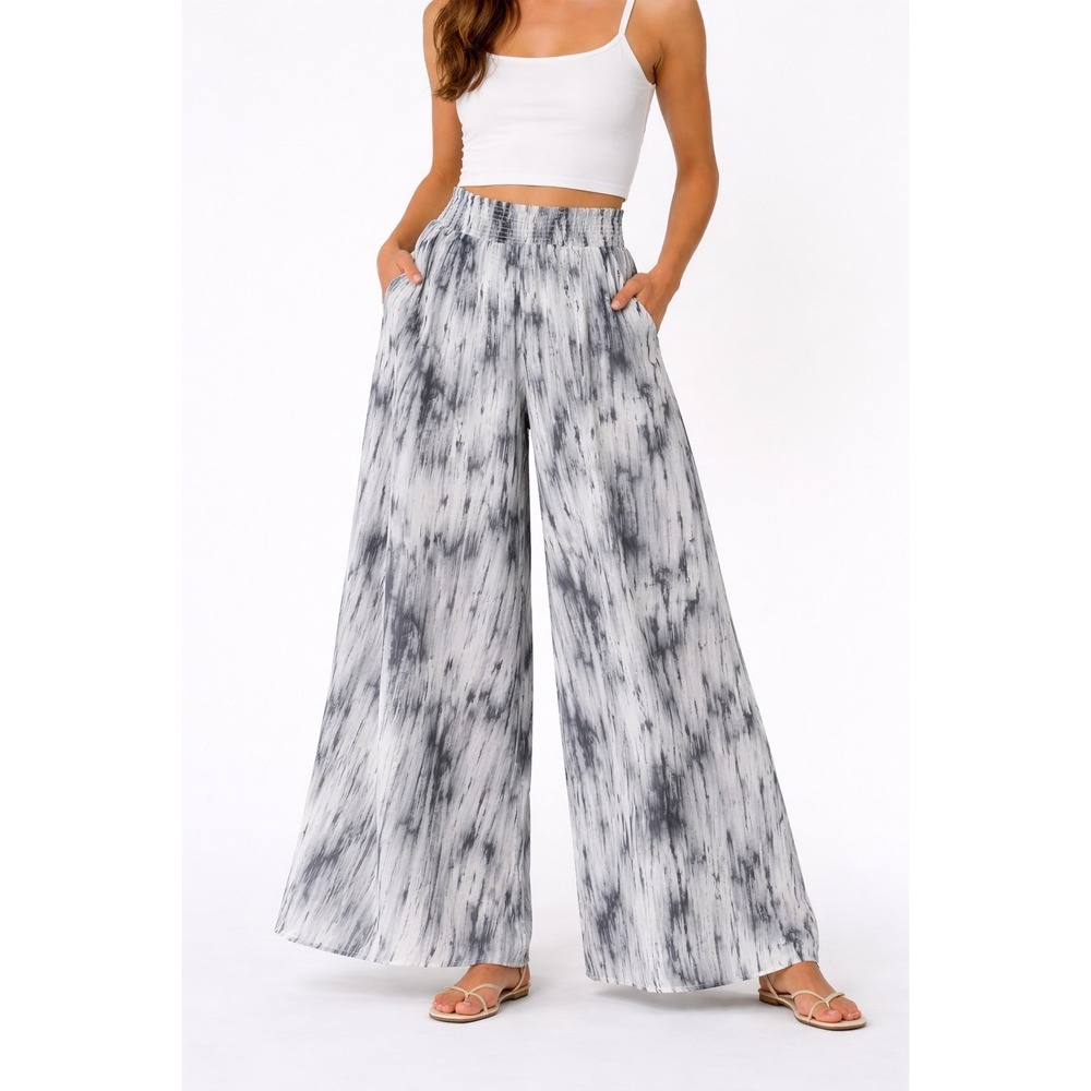 BucketList Palazzo Pant Smock Waist Wide Leg Stripe Grey White Sz L NWOT Pockets
